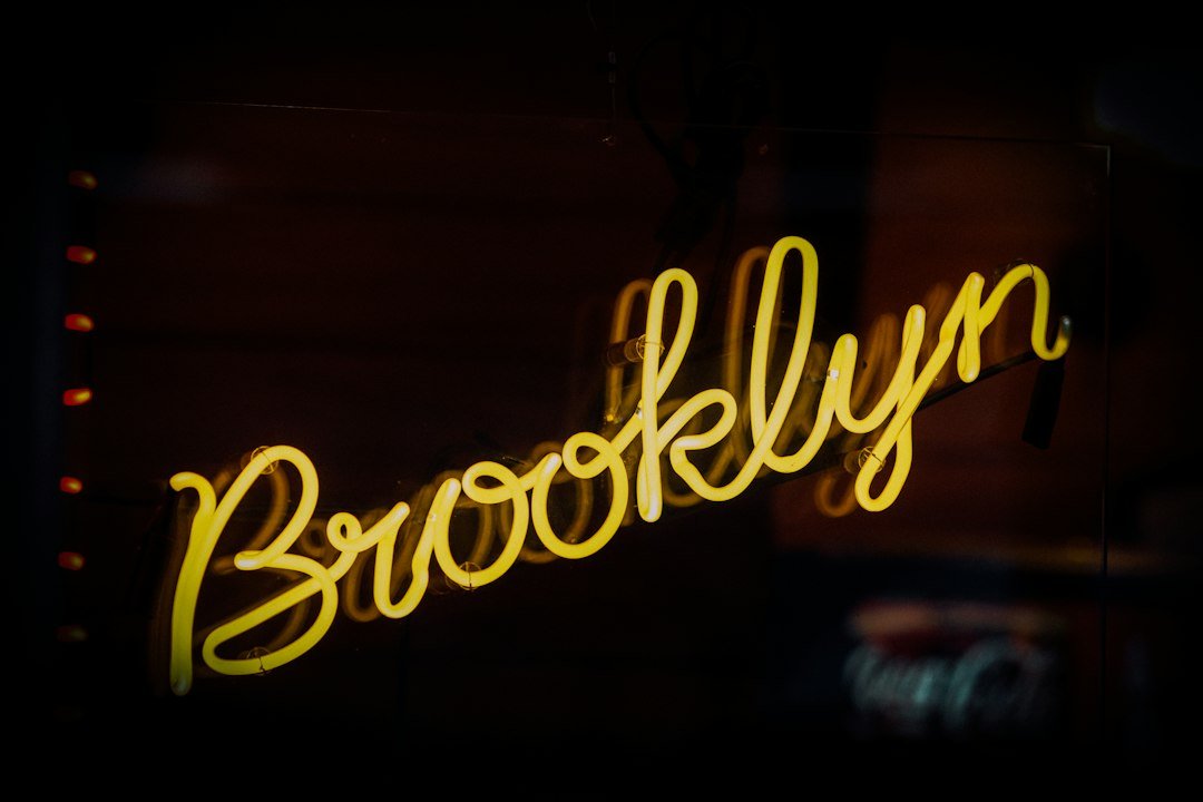 Brooklyn neon sign lit up at night