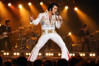 Elvis Presley tribute artist performing on stage in a rhinestone jumpsuit